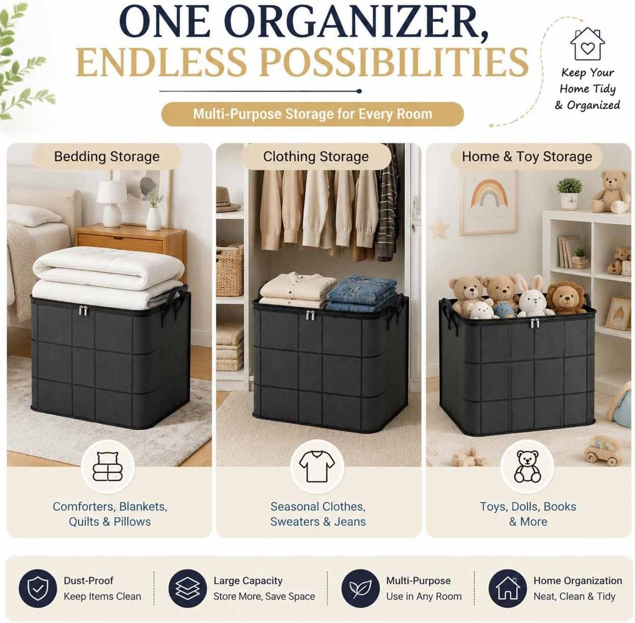 Spacious Moving Storage Bin, 100L Large Capacity Foldable Storage Bag,L :3 | Portable Moving Storage Bags with Reinforced Handles, Zippered Organizer for Quilts, Bedding & Clothes, Moving Day - Image 2