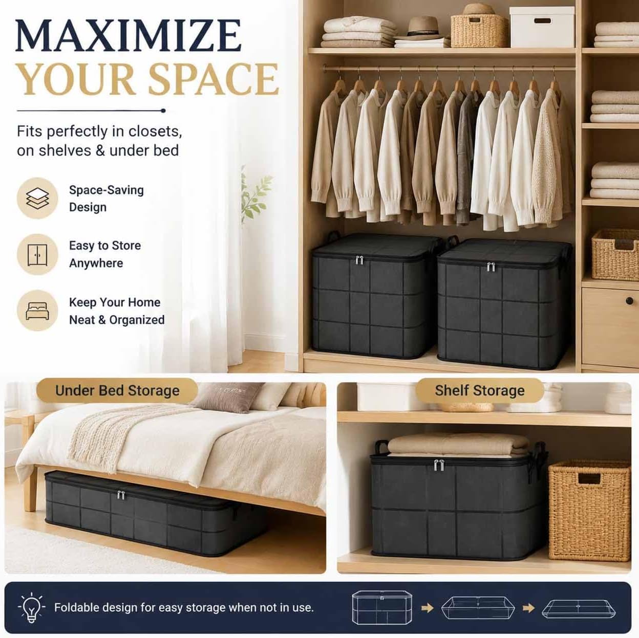 Spacious Moving Storage Bin, 100L Large Capacity Foldable Storage Bag,L :3 | Portable Moving Storage Bags with Reinforced Handles, Zippered Organizer for Quilts, Bedding & Clothes, Moving Day - Image 4