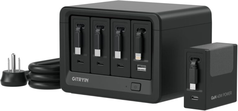Gitryin 12-in-1 Desktop Charging Station, 160W USB Retractable GaN Charger | Modular Charging Hub, 3 Retractable Type-C Chargers, 1 Micro Charger, 1 Lightning, 4 AC, 4 USB C, 33.5in Cables, Black