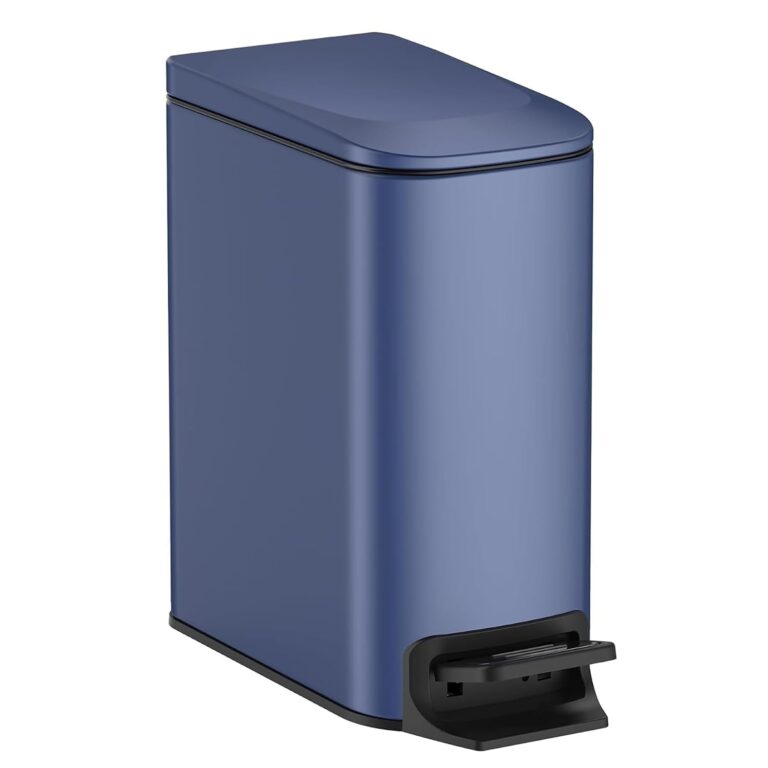 TIPGO Small Bathroom Trash Can with Lid, 1.6 Gal, Soft Close, Navy Blue | Foot Pedal, Soft Quiet Lid, 5.9'' Slim for Narrow Space, Stainless Steel, Anti-fingerprint, Removable Inner Bucket, Odor Seal