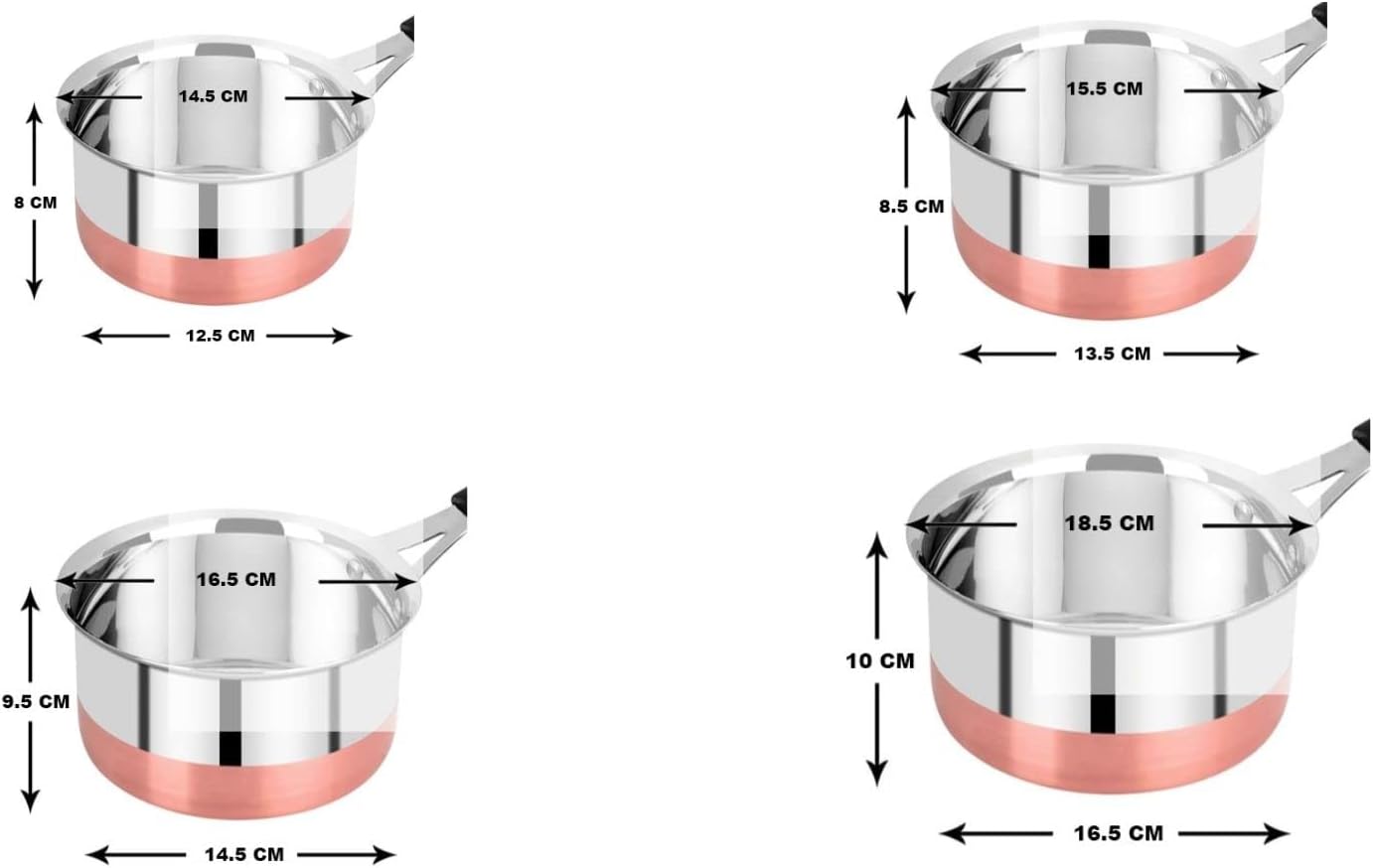 8 Pcs Set - Stainless Steel Copper Bottom Saucepan With Lid, Copper Bottom Sauce Pan Tea Coffee Pan, Tapeli Patila, Sauce Pot Cookware with Handle (800 ml, 1200 ml,1700 ml and 2000 ml) - Image 4
