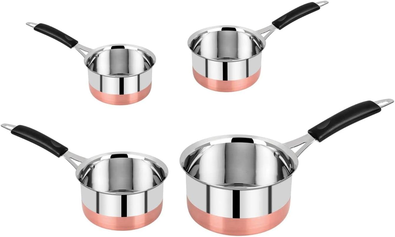 8 Pcs Set - Stainless Steel Copper Bottom Saucepan With Lid, Copper Bottom Sauce Pan Tea Coffee Pan, Tapeli Patila, Sauce Pot Cookware with Handle (800 ml, 1200 ml,1700 ml and 2000 ml) - Image 3