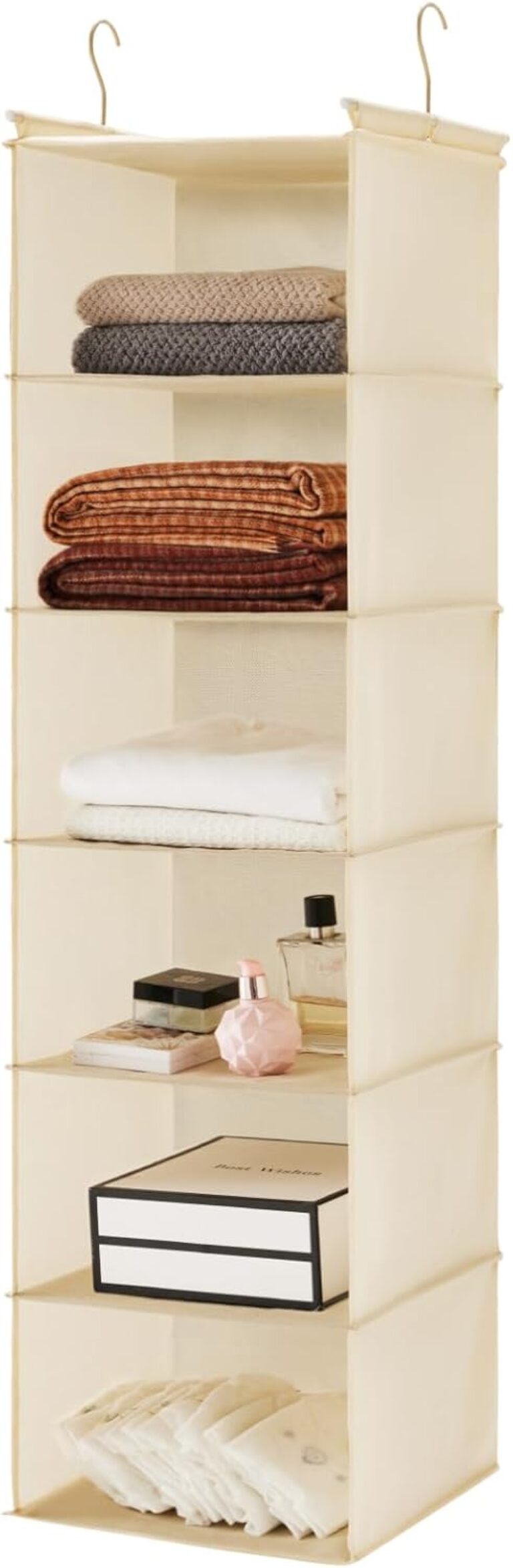 MAX Houser 6 Tier Shelf Hanging Closet Organizer with 2 Hooks, Beige | foldable lightweight fabric closet storage, space-saving design for Bedroom, Closet Hanging Shelf for Storage