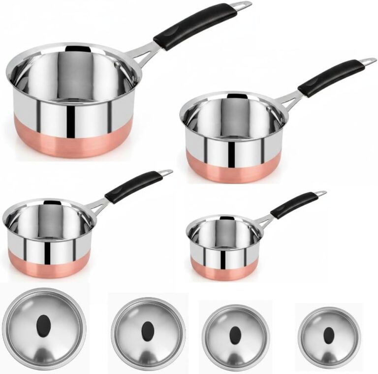 8 Pcs Set - Stainless Steel Copper Bottom Saucepan With Lid, Copper Bottom Sauce Pan Tea Coffee Pan, Tapeli Patila, Sauce Pot Cookware with Handle (800 ml, 1200 ml,1700 ml and 2000 ml)
