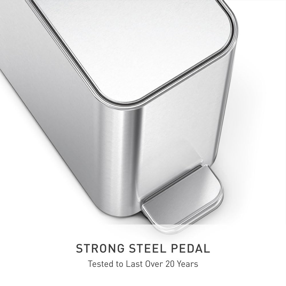 simplehuman Slim Step Can, 5L / 1.3 Gallon Compact Bathroom Trash Can, Liner Pocket®, Sleek Internal Hinge, 150,000-Step All-Steel Pedal, Lid Shox® Silent Close, Brushed Stainless Steel - Image 5