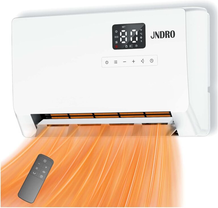 JNDRO Wall-Mounted Space Heater with Thermostat and Remote Control | 1500W Electric Quiet Wall Heater, LED Display, ECO Mode, 60°/90°/120° Oscillation, 24-Hour Timer, Easy-Mount for Indoor Use