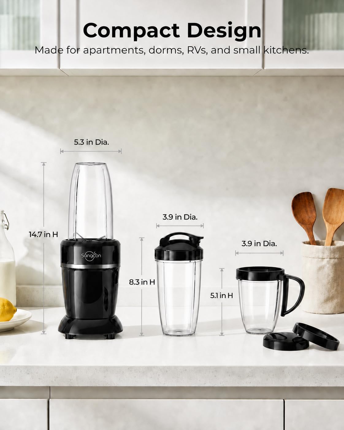 Sangcon 1000W Personal Smoothie Blender, Protein Shakes, Home & Gym, Black | 37/32/22 oz BPA-Free To-Go Cups with 6-Leaf Blade, Frozen Fruit, Ice Crushing, Baby Food, Sauces, Dips, Coffee, Nuts, Spices - Image 4
