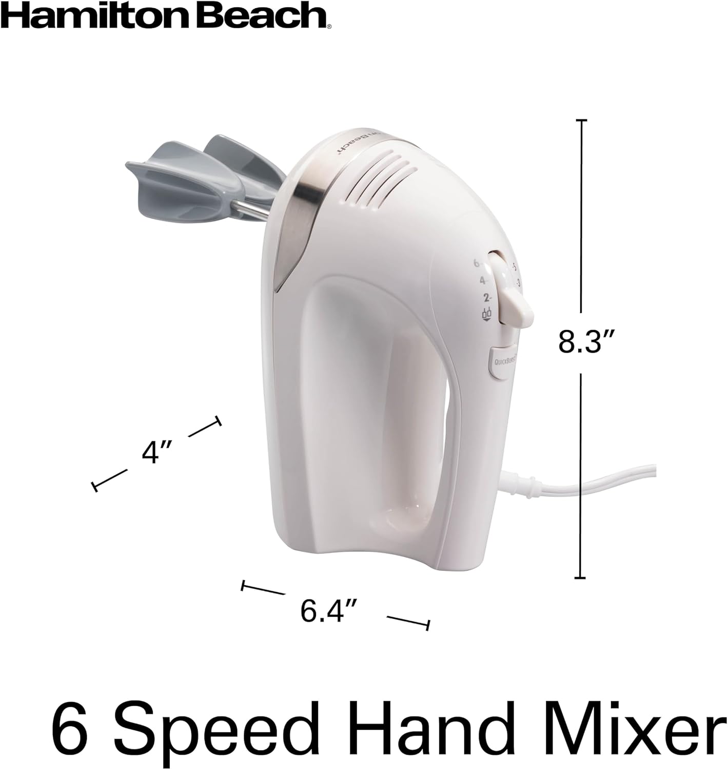 Hamilton Beach 6-Speed Electric Hand Mixer With Easy Clean Beaters | Traditional Beaters | Dough Hooks | Whisk | Snap-On Storage Case | 275 Watt Motor | White | 62636J - Image 8