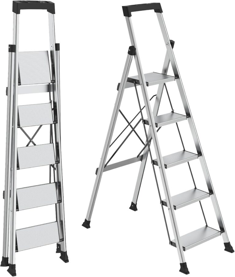 HBTower 5 Step Ladder, Lightweight Aluminum Folding Step Stool | Anti-Slip Wide Pedal, 330lbs Capacity Step Ladder for Household Kitchen Office, Silver