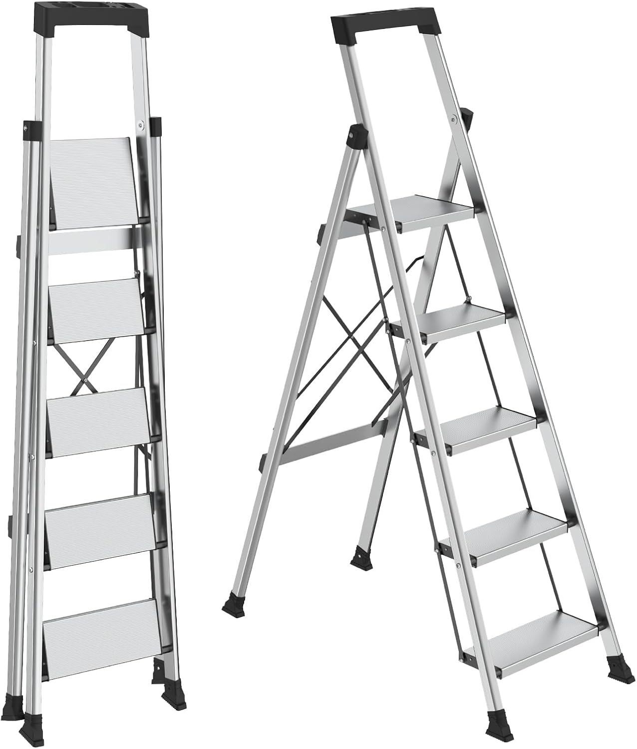 HBTower 5 Step Ladder, Lightweight Aluminum Folding Step Stool | Anti-Slip Wide Pedal, 330lbs Capacity Step Ladder for Household Kitchen Office, Silver