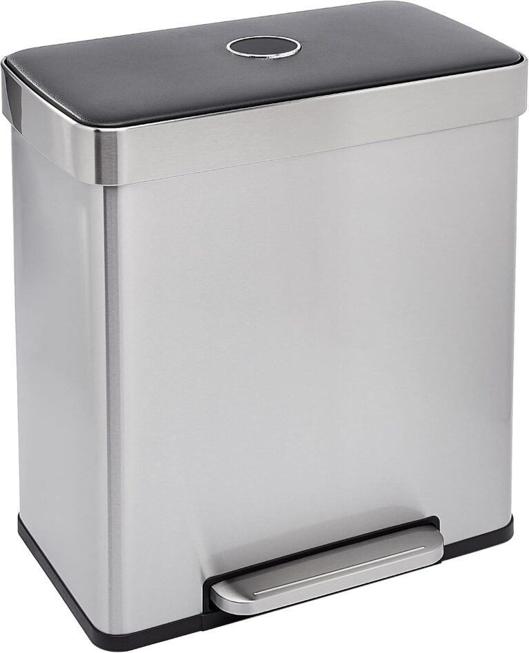 Amazon Basics Dual Compartment Recycling Trash Can with Soft-Close Lid, Fingerprint Resistant, Removable Liner Buckets, 60 Liters, Rectangular, Grey, Silver