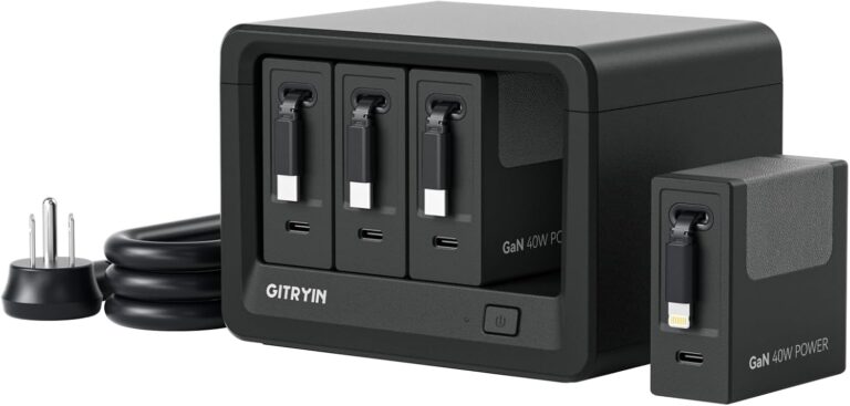 Gitryin 12-in-1 Desktop Charging Station, 160W USB Retractable GaN Charger | Modular Charging Hub for Multiple Device, 3 Retractable Type-C Chargers, 1 Lightning, 4 AC, 4 USBC, 33.5in Cables, Black