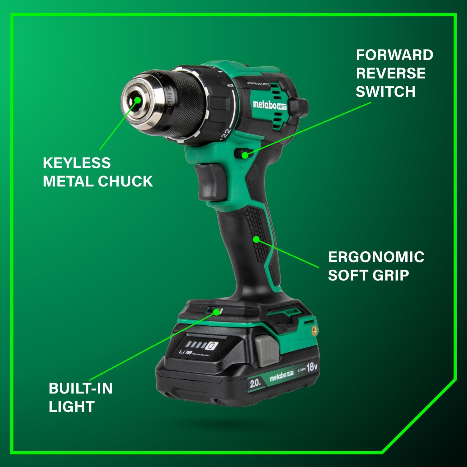 Metabo HPT 18V MultiVolt 1/2" Cordless Brushless Driver Drill Kit, High Power Drill Set with Bag, 2 Lithium-Ion Metabo Batteries and Charger, Compact Lightweight Power Driver, DS18DEX - Image 3