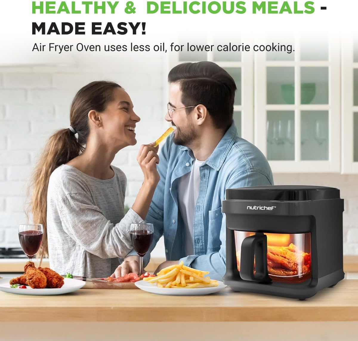 Nutrichef 5.8 Quart Air Fryer | 8-1 Preset Cook Modes | Transparent Fry Bowl for Best Cooking Results | Cook Shrimp, Steak, Fries, Wings, Chicken & More | Precise Temperature Control & Time | Grey - Image 2