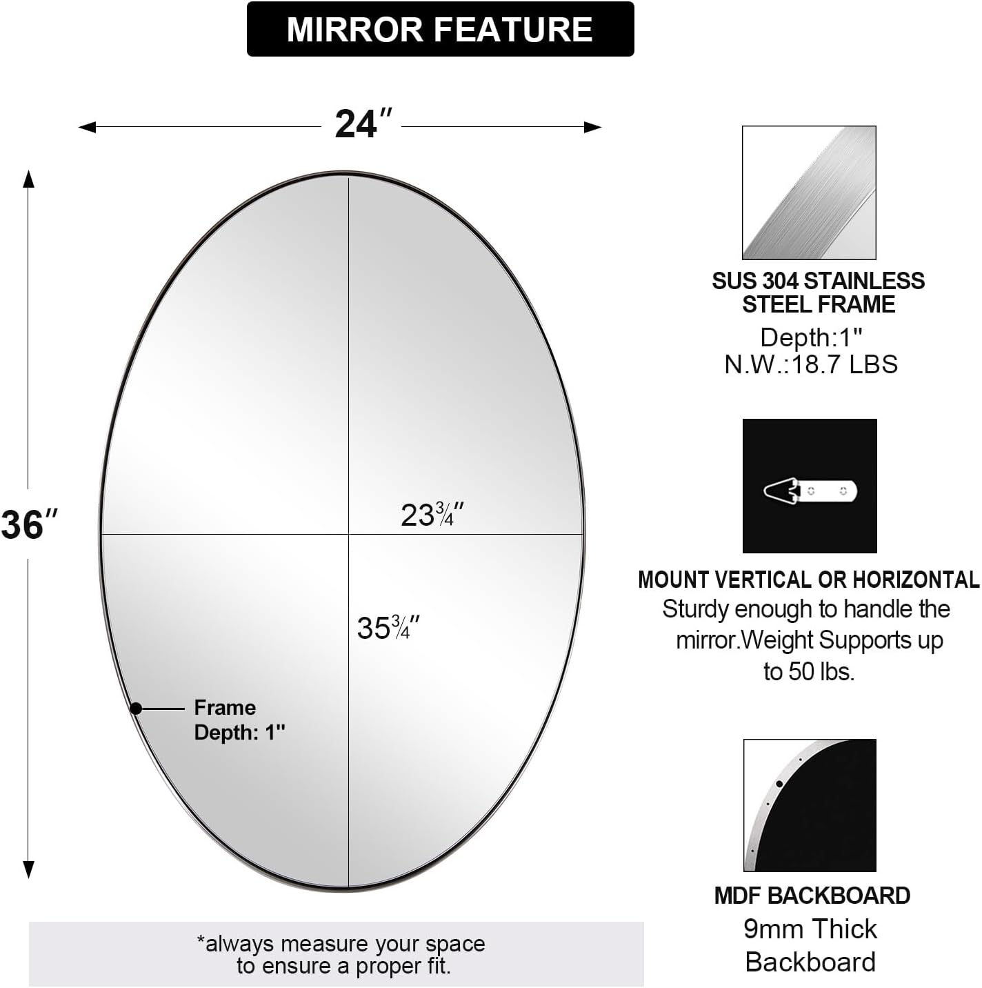 ANDY STAR Brushed Nickel Oval Mirror,24 x 36 Inch Bathroom Mirror Brushed Nickel Stainless Steel Metal Frame, Oblong Mirror Pill Shaped Mirrors for Bathroom Wall Mount Horizontal or Vertical - Image 2