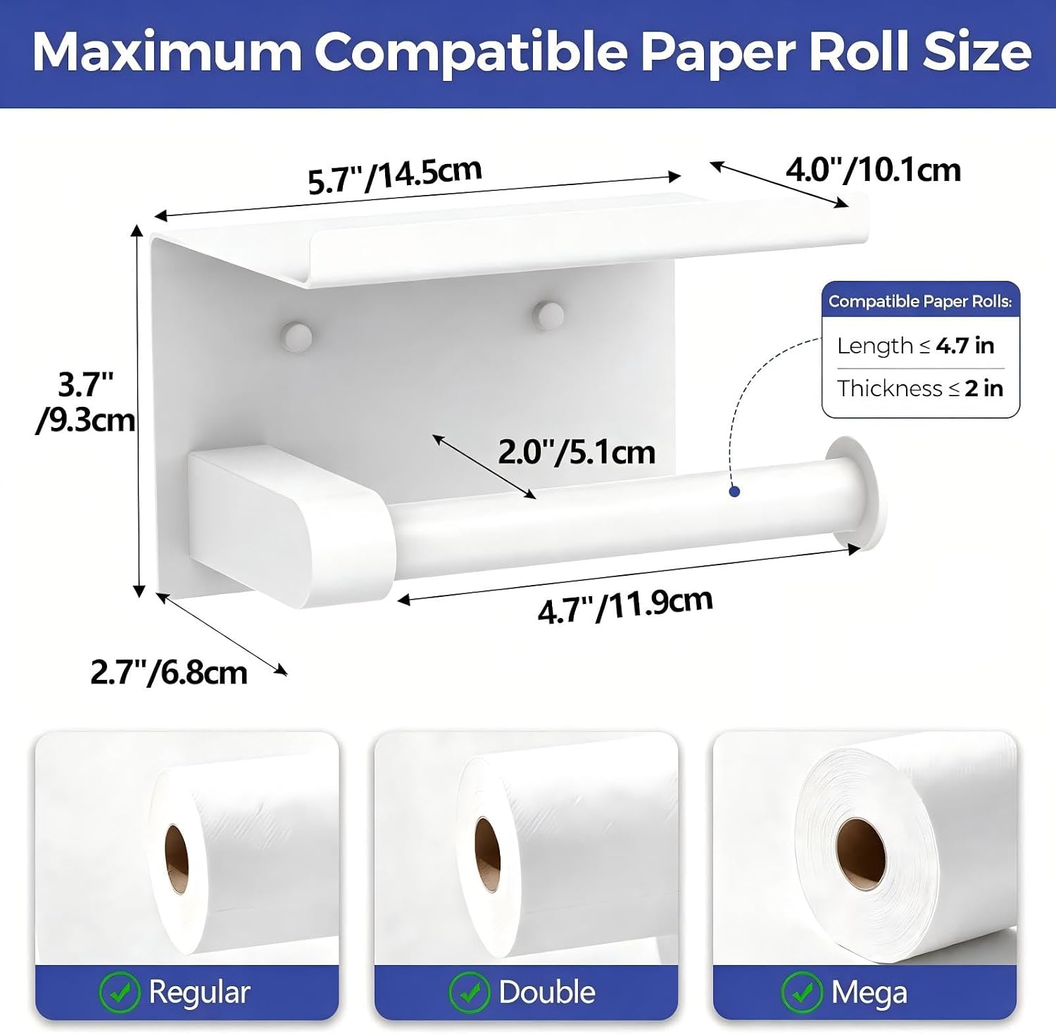 Bntuk Toilet Paper Holder with Shelf, Self-Adhesive or Screw Wall Mount Toilet Paper Holder with Wipes Storage, Rustproof Stainless Steel Tissue Roll Holder for Bathroom Washroom (White) - Image 2