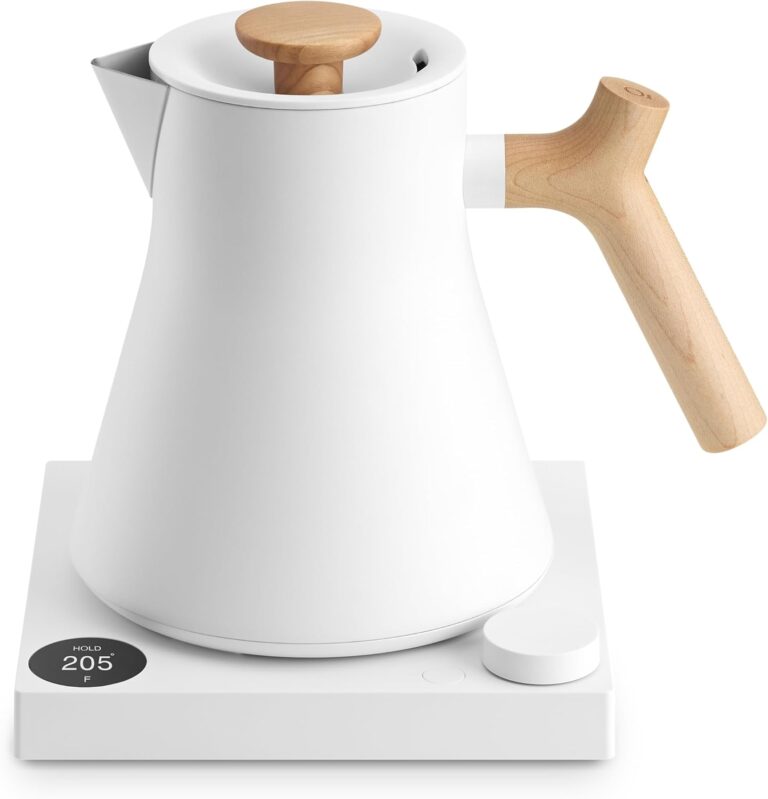 Fellow Corvo EKG Pro Electric Kettle for Tea & Coffee, 0.9 Liter | Precision Temp Control, Stainless Steel, Brew Timer, Smart Scheduling, Wide Spout, Quick Heating, Matte White, Maple Handle