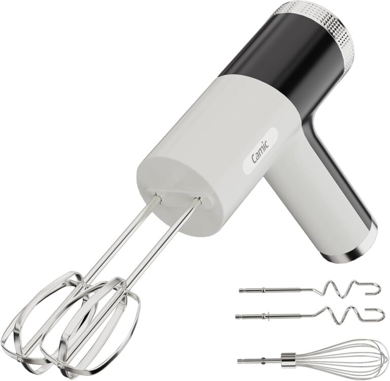 Camic Electric Hand Mixer with 9 Speeds, Powerful Motor, Cordless Hand Mixer with Whisk, Dough Hook and Mixing Rod for Whipping Eggs, Cream, Butter, Jam, Kneading Dough and Blending (White+Black)