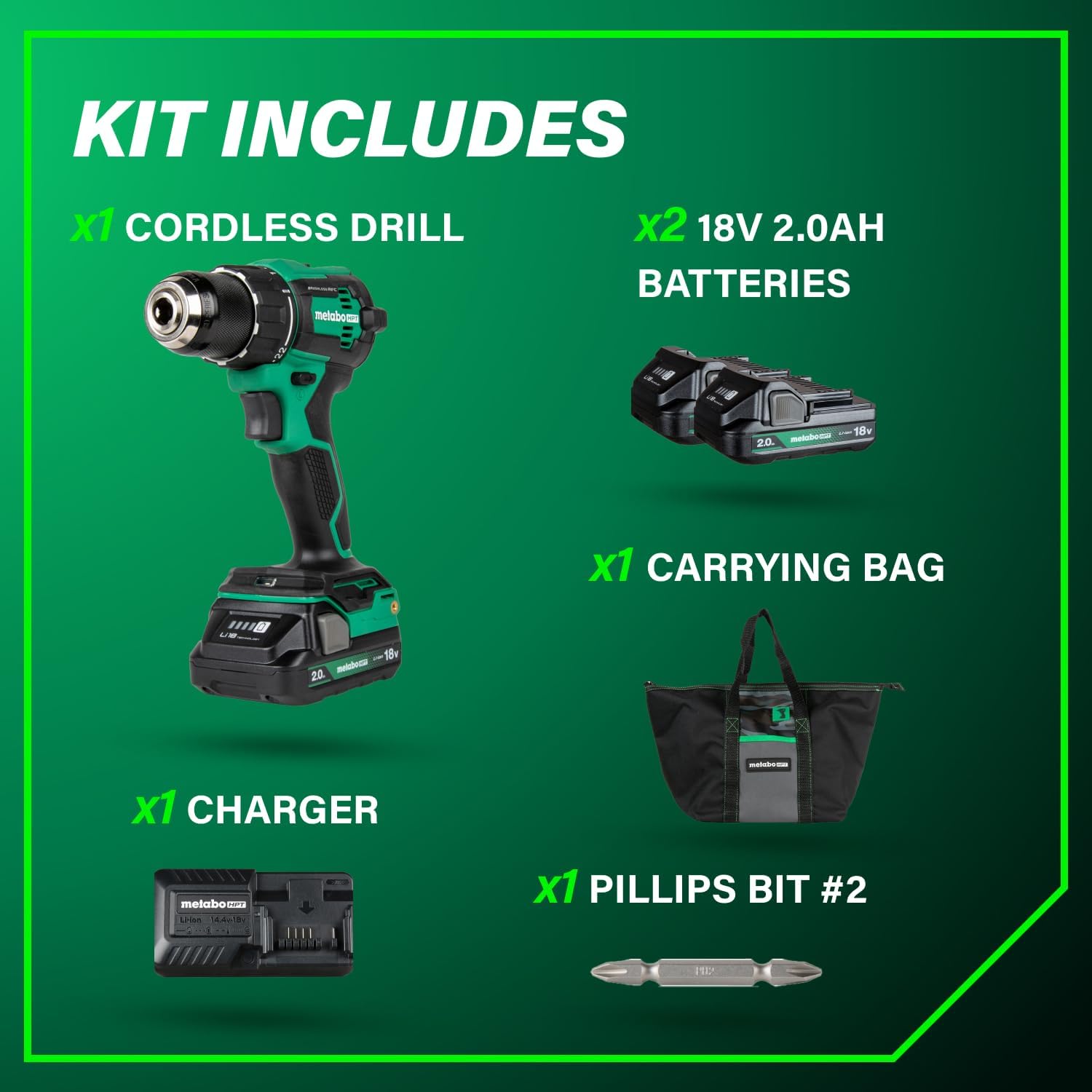 Metabo HPT 18V MultiVolt 1/2" Cordless Brushless Driver Drill Kit, High Power Drill Set with Bag, 2 Lithium-Ion Metabo Batteries and Charger, Compact Lightweight Power Driver, DS18DEX - Image 5