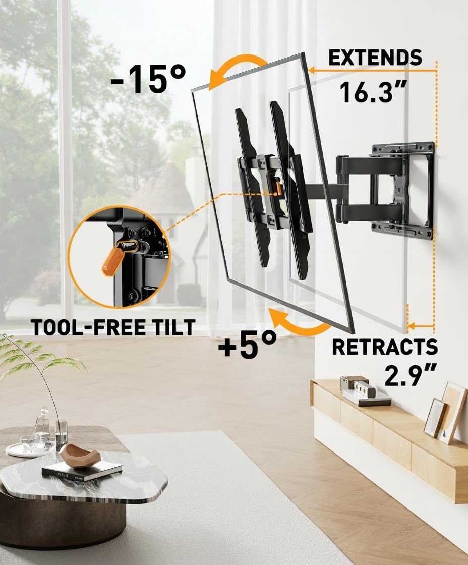 Perlegear Full Motion TV Wall Mount for 42–86 inch TVs up to 132 lbs | 30% thicker heavy-duty articulating arm, tool-free tilt, swivel, extend, level, fits 16" studs, max VESA 600x400mm, UL listed - Image 6