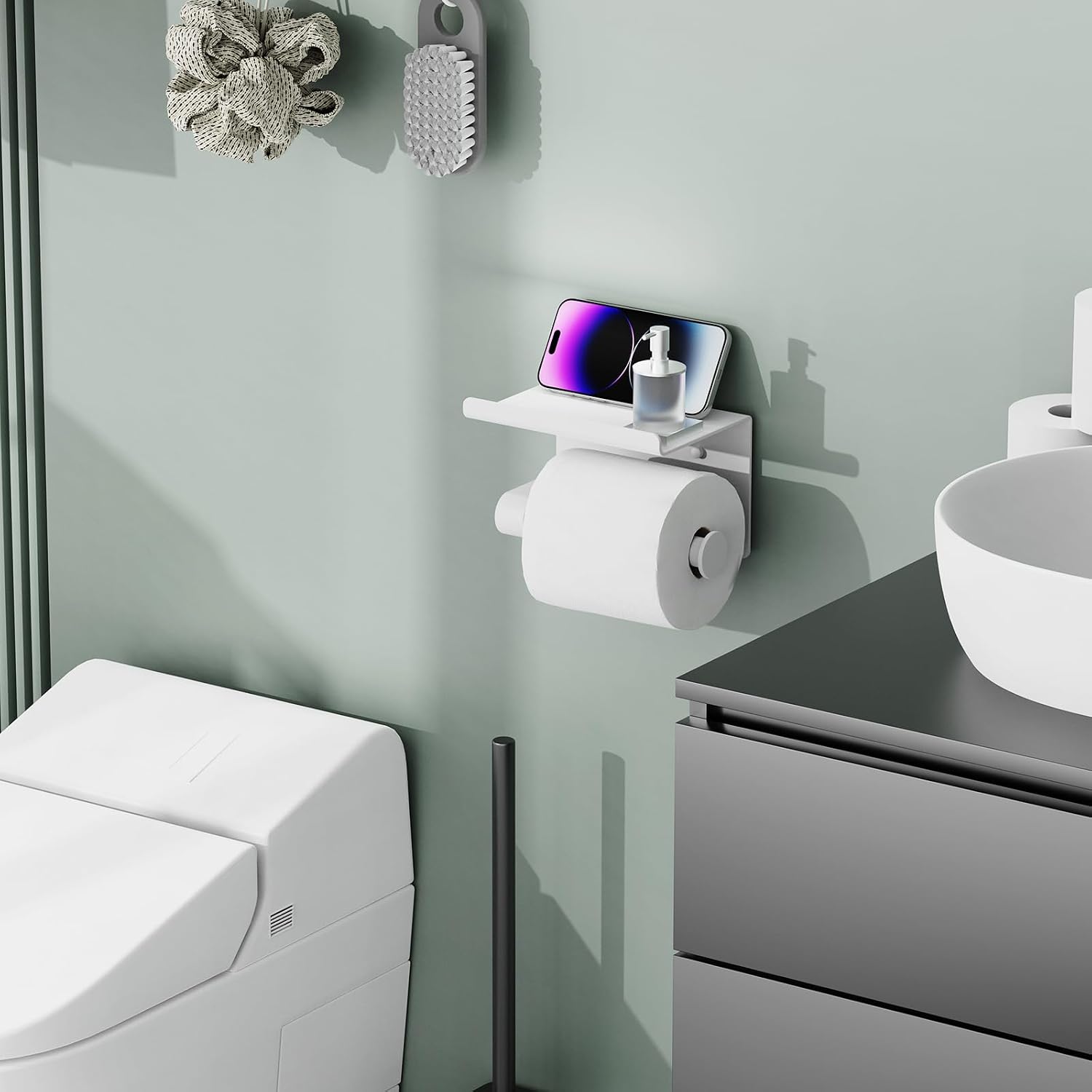 Bntuk Toilet Paper Holder with Shelf, Self-Adhesive or Screw Wall Mount Toilet Paper Holder with Wipes Storage, Rustproof Stainless Steel Tissue Roll Holder for Bathroom Washroom (White) - Image 6