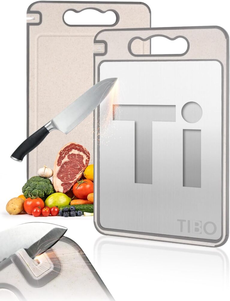 TIBO Titanium Cutting Board with Knife Sharpener, 14.3"L x 9.8"W Double-Sided Small Board (Titanium & Wheat Straw PP) for Meat, Fruit & Vegetable, Hand Wash