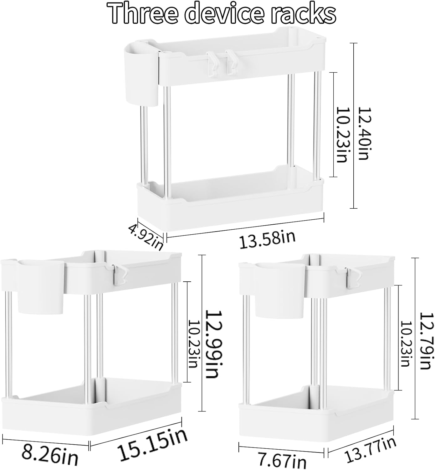 3 Pack Under Sink Organizer Bathroom and Storage Cabinet (White) | 2 Tier with Hanging Cups for Kitchen - Image 2