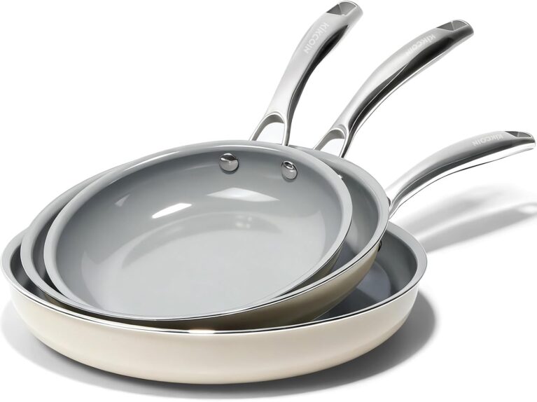 Kikcoin Ceramic Nonstick Frying Pans Set, 3 Piece Skillets (8"+9.5"+11") | PFAS-Free Nonstick; Induction Ready, All Stoves Compatible; Cooking Pan with Stay Cool Handle; Dishwasher &Oven Safe to 536°F