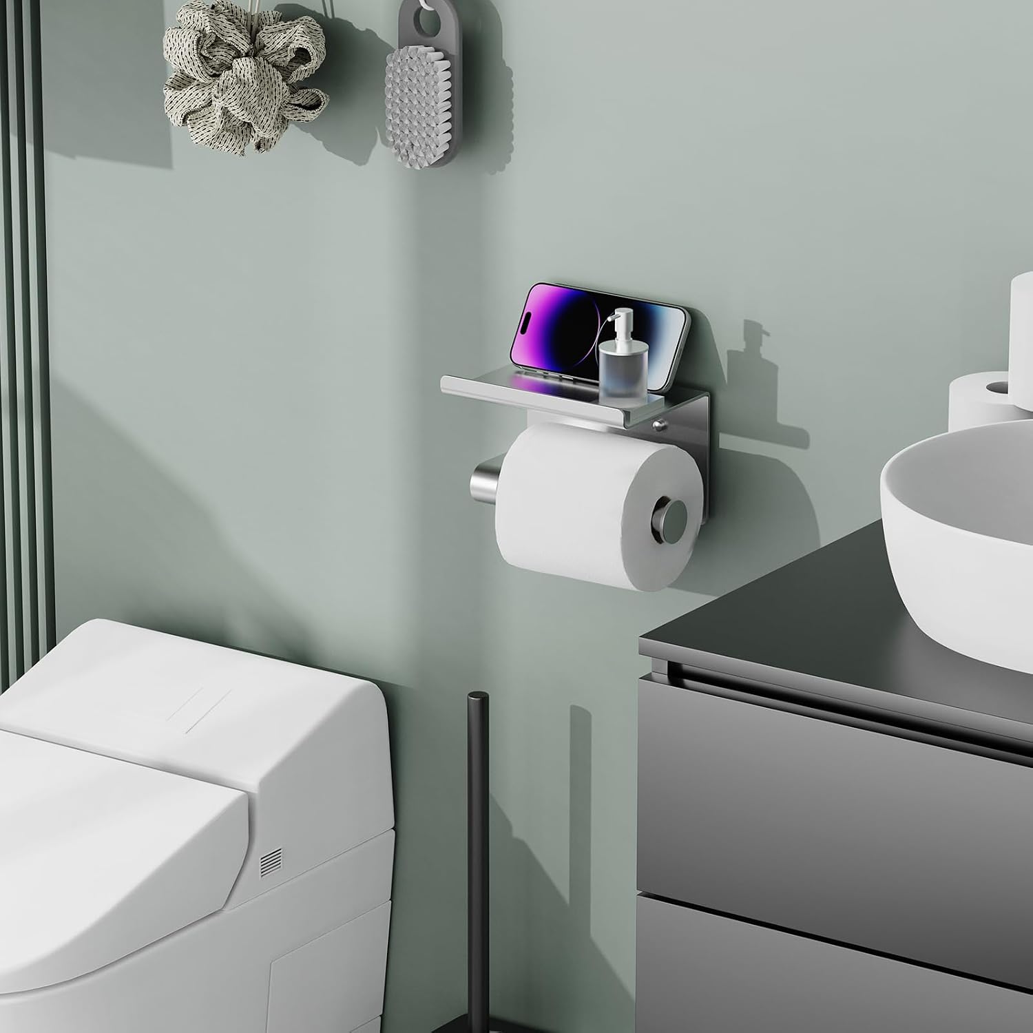 Bntuk Toilet Paper Holder with Shelf, Self-Adhesive or Screw Wall Mount Toilet Paper Holder with Wipes Storage, Rustproof Stainless Steel Tissue Roll Holder for Bathroom Washroom (Brushed Nickel) - Image 5