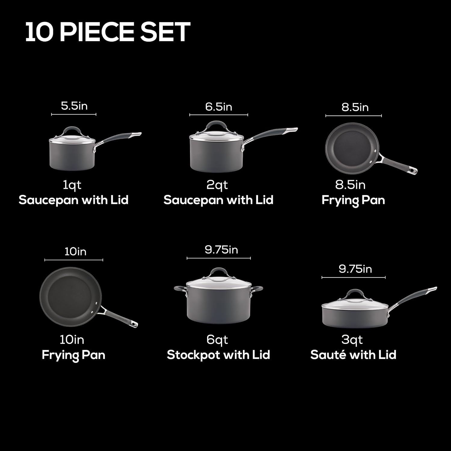 Circulon Radiance Nonstick Pots and Pans Set, 10-Piece, Gray | Oven safe non stick pots and pan set, dishwasher safe, easy cleanup, hard-anodized, tempered glass lids nonstick cookware set - Image 3