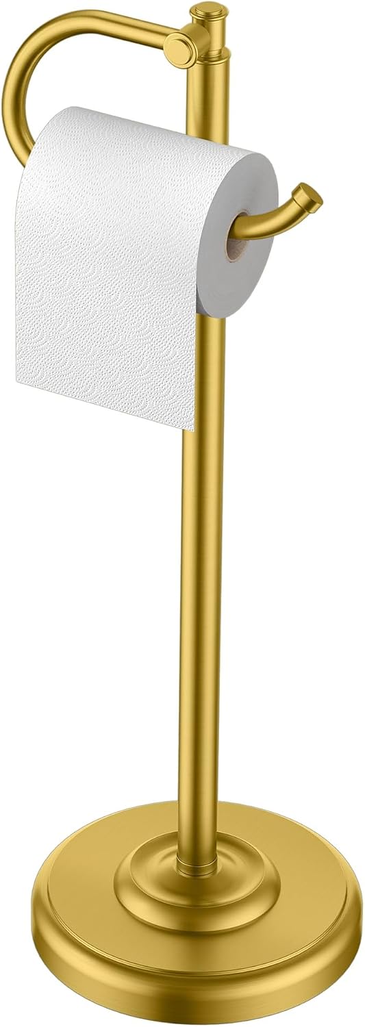 FORIOUS Toilet Paper Holder Stand, Vintage FreeStanding Tissue Roll Holder | Brushed Gold, Bathroom Tissue Roll Holder, 304 Stainless Steel, 4.1 LB Weighted Base Anti-Tipping, Fits Mega Rolls