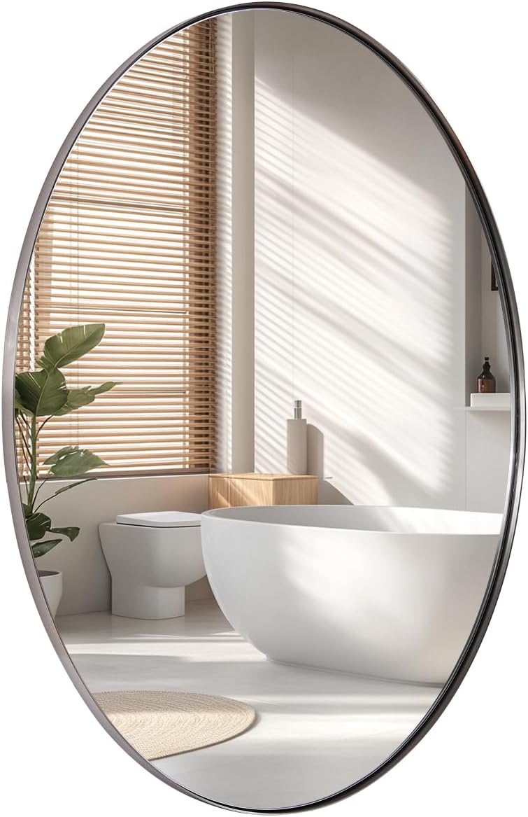 ANDY STAR Brushed Nickel Oval Mirror,24 x 36 Inch Bathroom Mirror Brushed Nickel Stainless Steel Metal Frame, Oblong Mirror Pill Shaped Mirrors for Bathroom Wall Mount Horizontal or Vertical