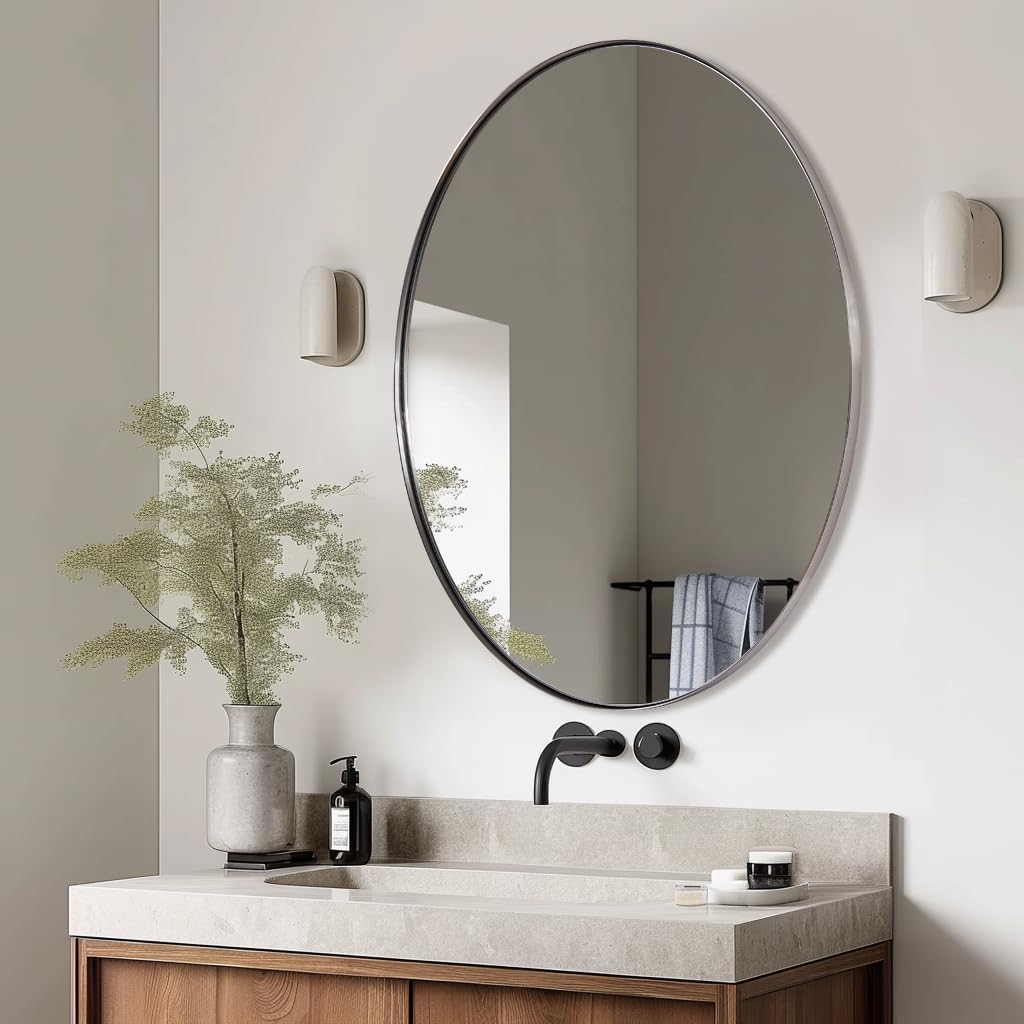ANDY STAR Brushed Nickel Oval Mirror,24 x 36 Inch Bathroom Mirror Brushed Nickel Stainless Steel Metal Frame, Oblong Mirror Pill Shaped Mirrors for Bathroom Wall Mount Horizontal or Vertical - Image 3