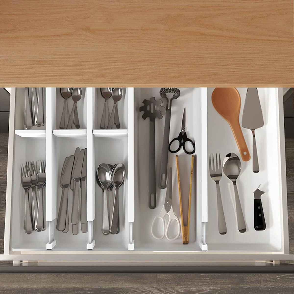 ANTOWIN Bamboo Drawer Dividers Organizers, Expandable Drawer Separators Splitter,17-22 inches Long Adjustable Spring-loaded Organizer for Large Utensil, Clothes, Tools Drawers (White) - Image 6