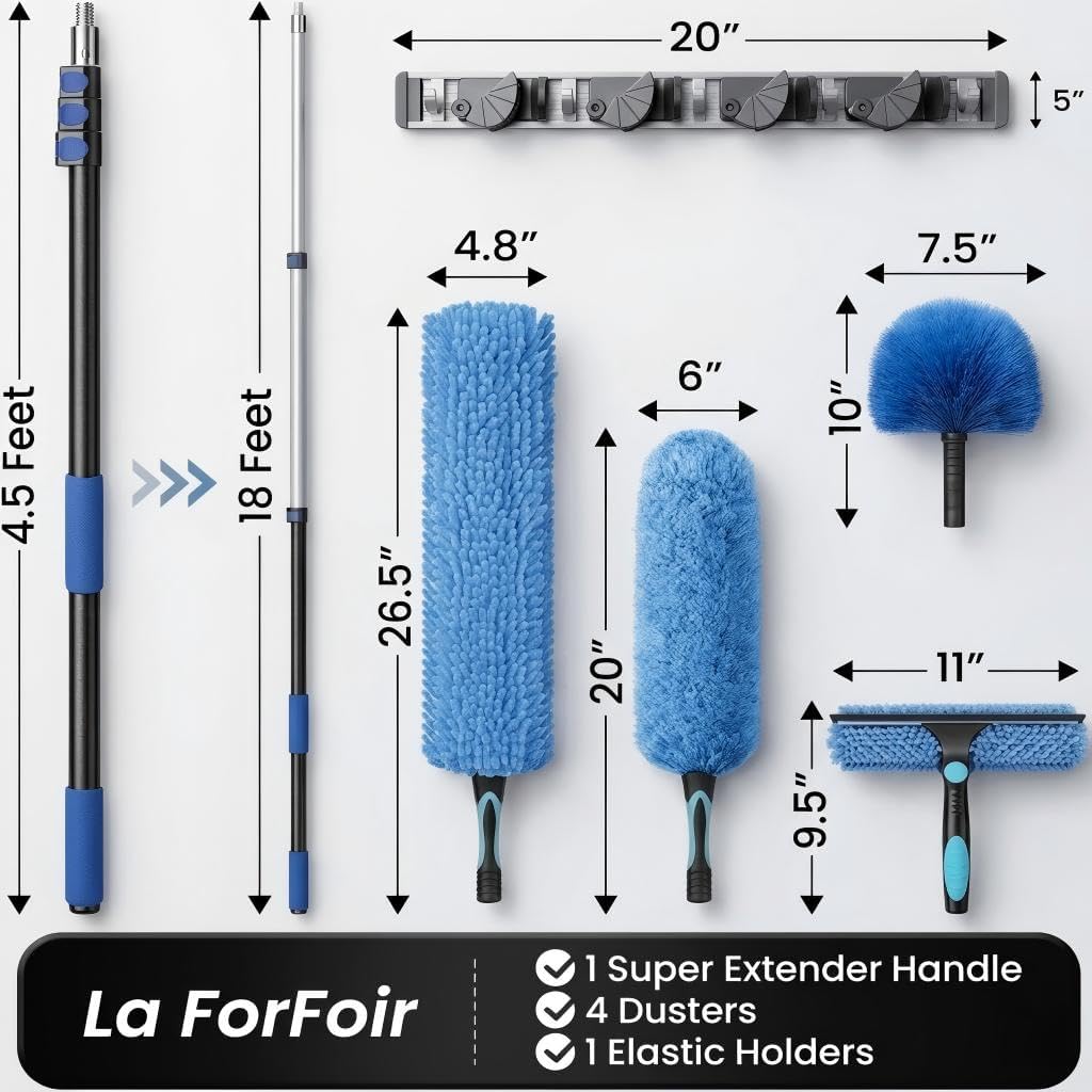 25ft High Ceiling Duster Kits with 5-18ft Heavy Duty Extension Pole - Fan Blade Cleaner, Cobweb Remover & Blue Window Squeegee Kit, Washable Dust Brush for High Roof and Glass Surfaces - Image 2