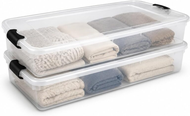 HOMZ Under Bed Clear Plastic Storage Bin w/Lid, 60 Qt, Gray Latch, 2 Pack | Stackable Underbed Container Set for Shoes, Bags, Clothes, and Towel Organization