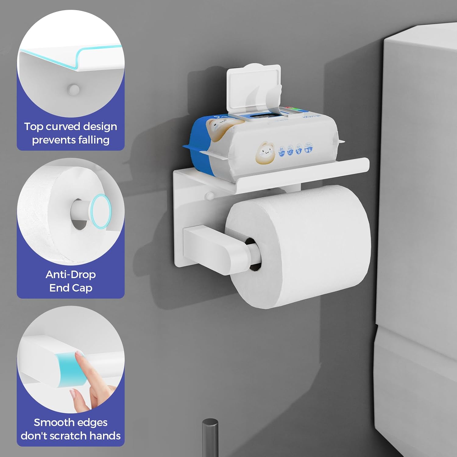 Bntuk Toilet Paper Holder with Shelf, Self-Adhesive or Screw Wall Mount Toilet Paper Holder with Wipes Storage, Rustproof Stainless Steel Tissue Roll Holder for Bathroom Washroom (White) - Image 3