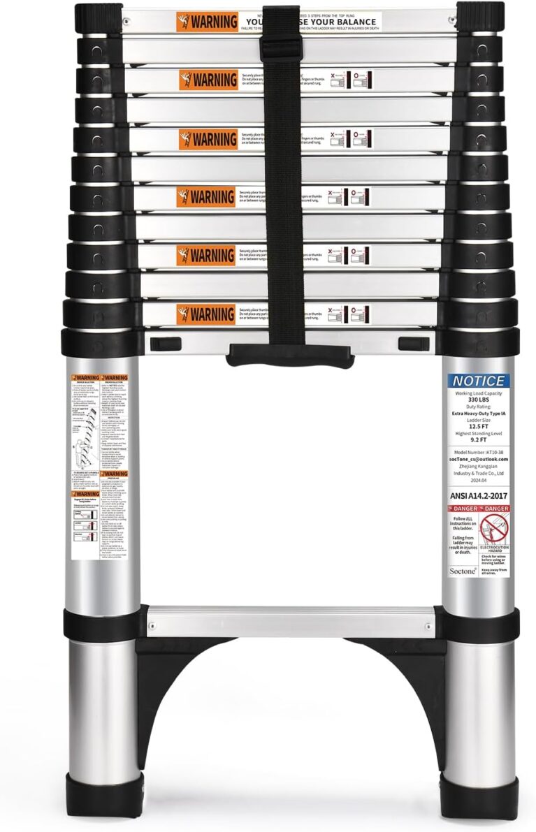 Soctone 12.5FT Telescoping Ladder with Stabilizers, Slow Down Design | Extension Ladder Heavy Duty 330lbs Max Capacity, Multi-Purpose Collapsible Telescopic Rv Ladder for Household or Outdoor Work