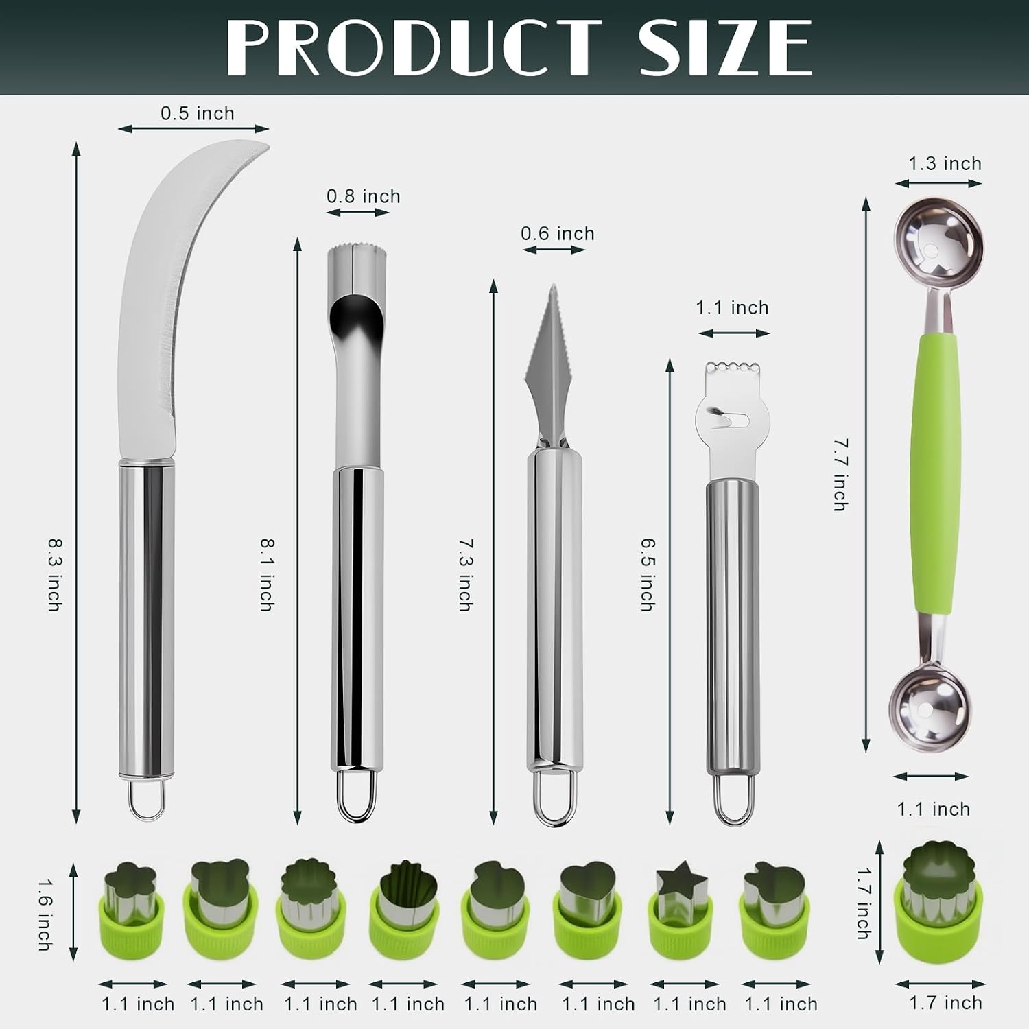 14Pcs Stainless Steel Fruits Vegetable Carving Tools Set | Melon Baller Scoop Set, Fruit Cutters Shapes, Cantaloupe Cutter Slicer Tool Piranha Spiral Cutter and V-Tool for Sculpting - Image 2