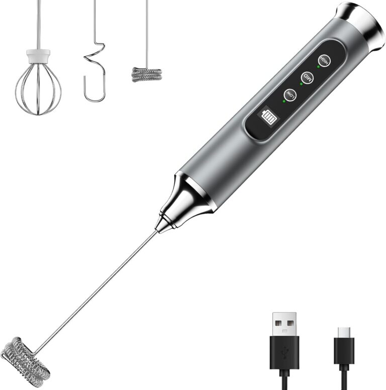 YUSWKO Milk Frother Wand for Coffee, Coffee Frother Handheld Drink Mixer | Rechargeable Mixer Wand, Waterproof Electric Whisk for Protein Powder, Lattes, Cappuccino, 3 Variable Speeds 3 Whisks, Silver