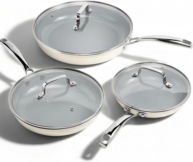 Kikcoin Ceramic Nonstick Frying Pans with Lids, 3 Pieces (8"+9.5"+11") | PFAS-Free Nonstick; Induction Ready, All Stoves Compatible; Stay Cool Handle, Tempered Lid; Dishwasher & Oven Safe to 536°F