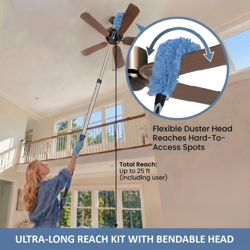25ft High Ceiling Duster Kits with 5-18ft Heavy Duty Extension Pole - Fan Blade Cleaner, Cobweb Remover & Blue Window Squeegee Kit, Washable Dust Brush for High Roof and Glass Surfaces - Image 3