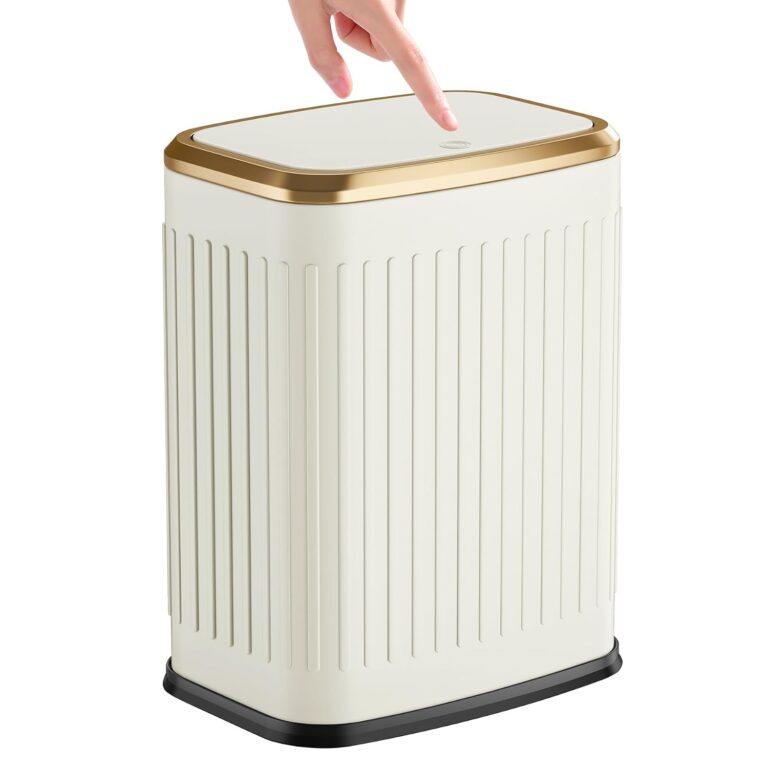 TIPGO Small Bathroom Trash Can with Pop-up Lid, 2.1 Gallon, Cream | Press Top Lid,Odor Control, 8 Liter Stainless Steel Wastebasket for Bedroom, Living Room, Office
