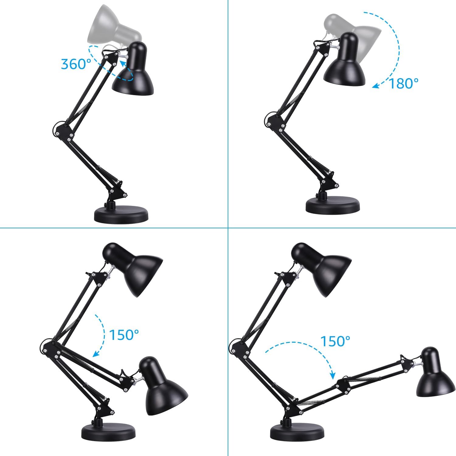 TORCHSTAR Metal Desk Lamp, Adjustable Swing Arm, E26, Black | Architect Gooseneck Multi-Joint Clip Table Lamp with Plastic Clamp, for Home Office, Work, Study, Reading, Bulbs not Included - Image 5