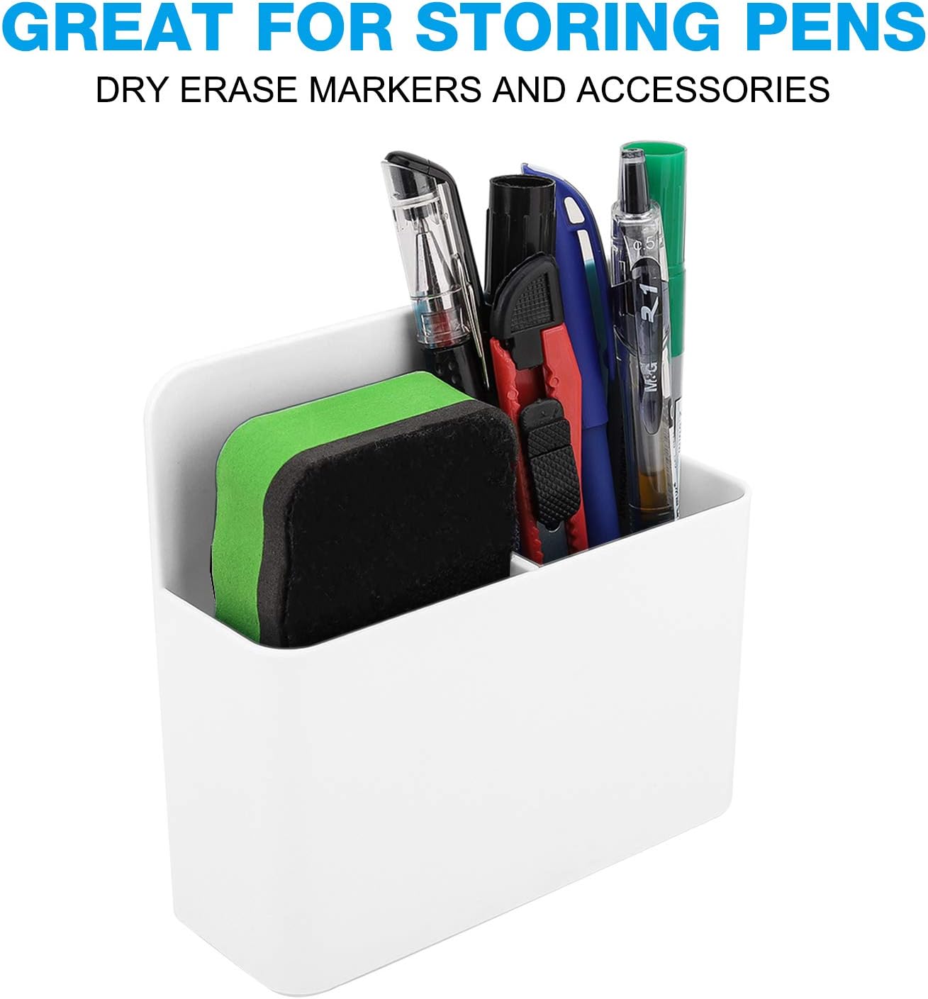 MoKo Magnetic Pen Holder, 2-Pack, Whiteboard Organizer, White | Magnetic dry erase marker holder has two adjustable compartments and an ABS body for whiteboards and refrigerators. - Image 2