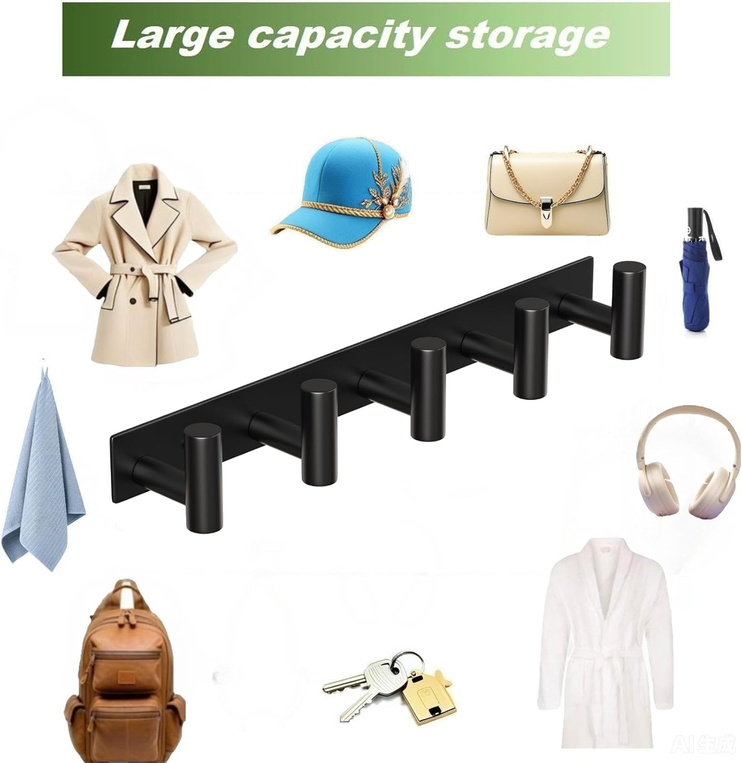Wall Mounted Coat Rack-5 Hooks, Heavy Duty Stainless Steel Hook Rail for Towel Coat Hat Purse Bag Jacket, Towel Hooks for Entryway Bathroom Kitchen (Black 5 Hooks - 1 Pack) - Image 8