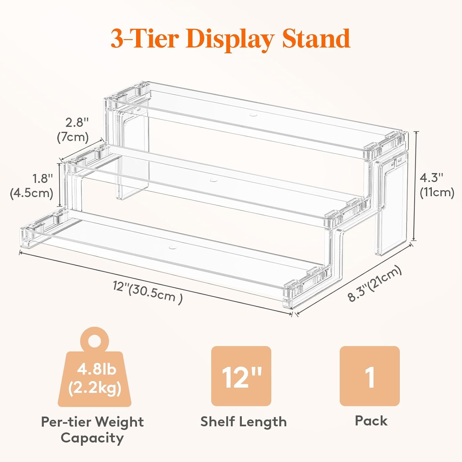 Lifewit 12″ Spice Rack, Perfume Cologne Stand, Tool-Free Assembly, 1 Pcs | 3-Tier Clear Cupcake Riser, Display Shelf for Seasoning, Figurine, Makeup, Room Decor, Kitchen Cabinet Storage Organization - Image 4