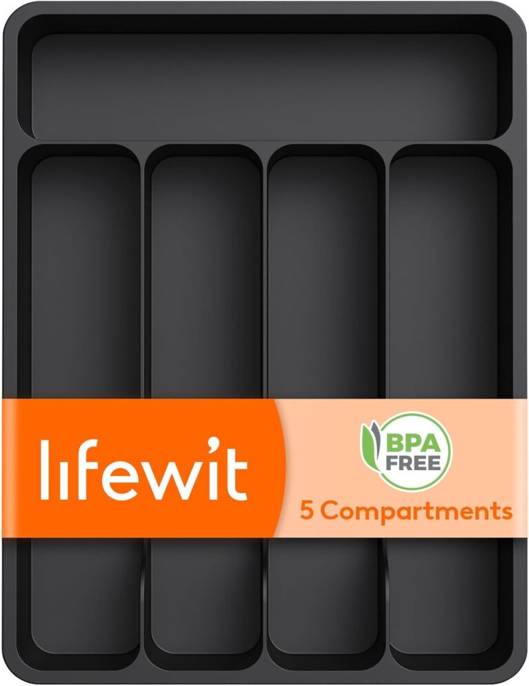 Lifewit Silverware Drawer Organizer Tray, Cutlery Storage for Kitchen | Plastic Flatware and Utensil Holder Divider for Spoons Forks Knives Tableware, 9.1 x 12.6", 5 Slots, Black