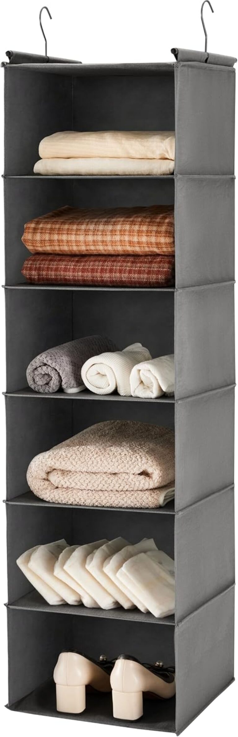 MAX Houser 6 Tier Hanging Closet Organizer with 2 Sturdy Hooks, Grey | foldable lightweight fabric closet storage, space-saving design for Bedroom, Closet Hanging Shelf for Storage