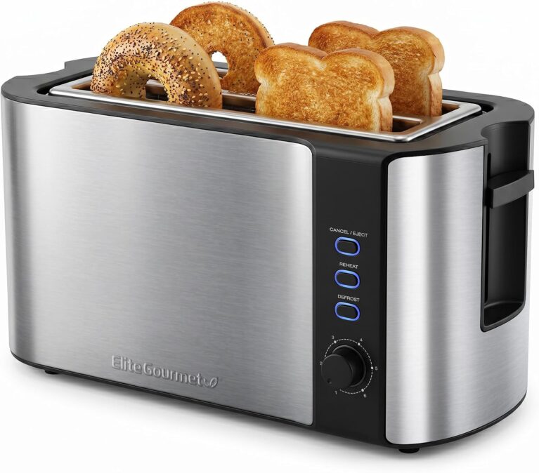 Elite Gourmet ECT-3100 4-Slice Long Slot Toaster, Stainless Steel | Extra-Wide Slots Fit Bagels, Sourdough & Texas Toast, 6 Browning Settings, Reheat, Defrost & Cancel, Built-In Warming Rack